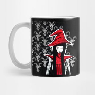 the witch doll in ecopop horror pattern wallpaper of goats Mug